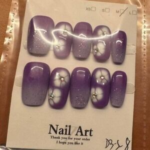 "Twilight Bloom" Press-On Nail Set‎ – Purple Gradient, Glitter & Floral